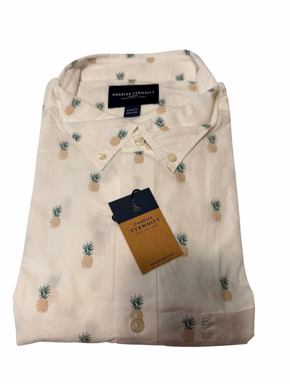 Charles Tyrwhitt Cream Short-Sleeve Pineapple Print Button-Down Shirt
